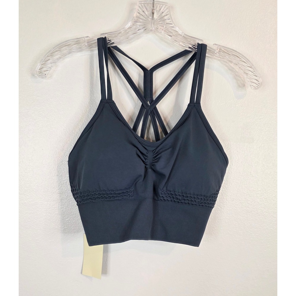 Halara Seamless Longline Sports Bra XL Blue Ruched Strappy Honeycomb NWT
